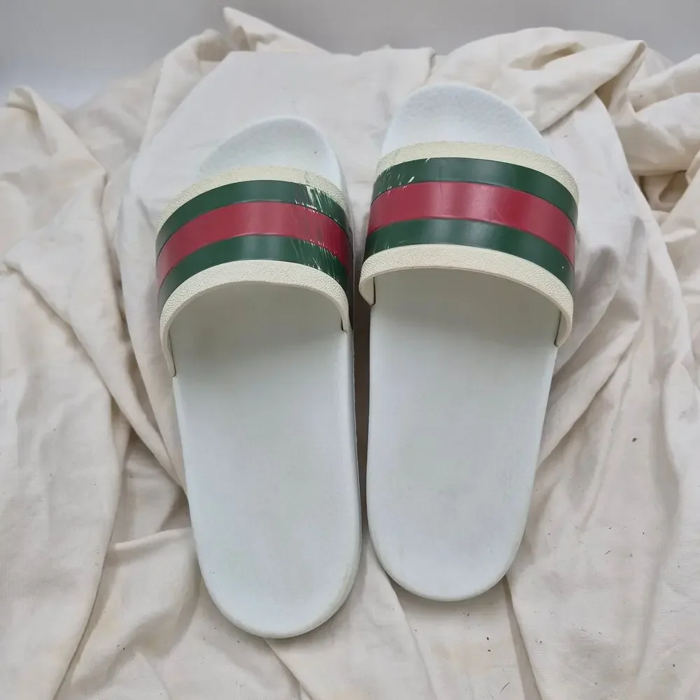 GUCCI Pursuit Stripes White Pool Slides 27 Gucci Web Mens Size US 8